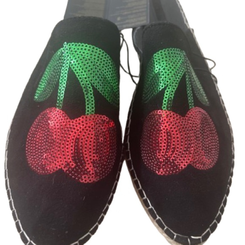 Forever 21 Black Slippers with Red and Green Sequin Cherries
